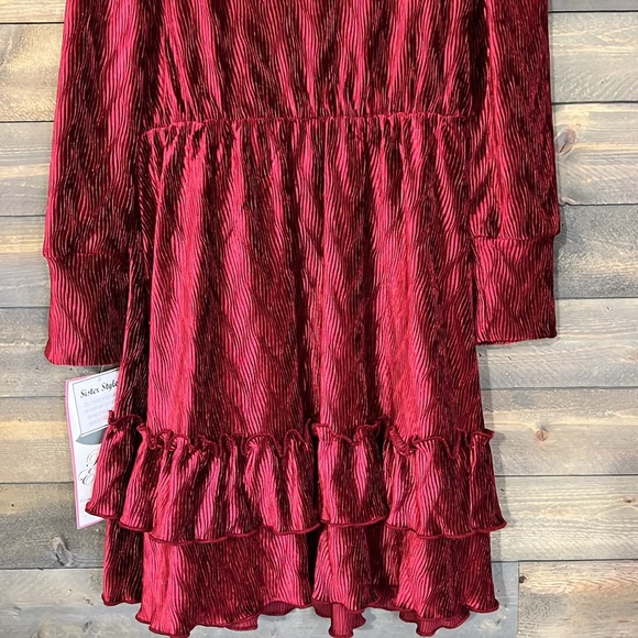 New Rare Editions Long Sleeve Textured Velvet Tiered Dress Size 8 Color Burgundy - Picture 6 of 14
